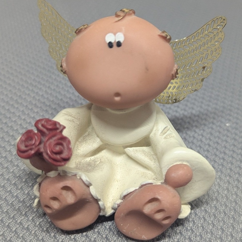 VTG Kirk 2001 Angel Figurine Gold Filigree Wings Red Roses Resin Miniature Decor